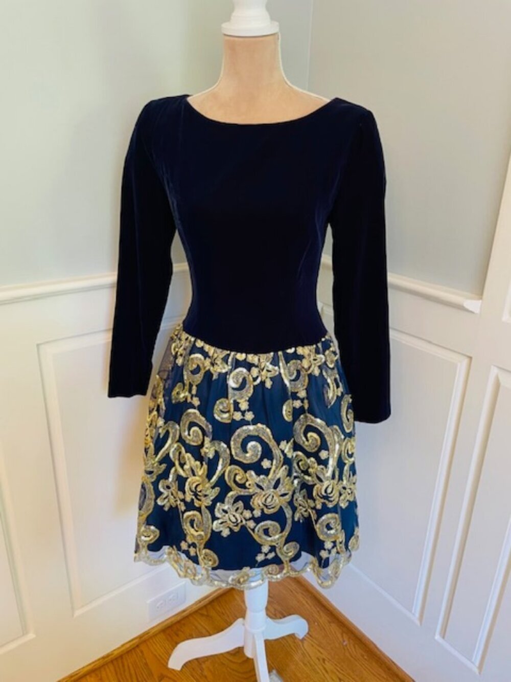 Vintage Jessica McClintock Balletcore Navy Velvet Gold Holiday Dress XS 90s - Picture 3 of 9